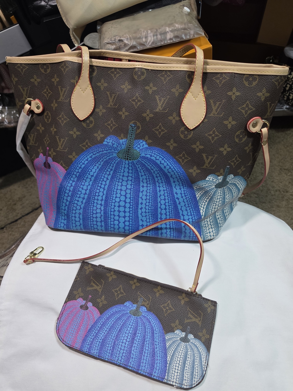 Pumpkin Print Canvas Tote in Brown with Blue Accents